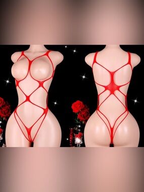 NEW Red Sexy Bondage Lingerie Fishnet Cut Out Bodysuit